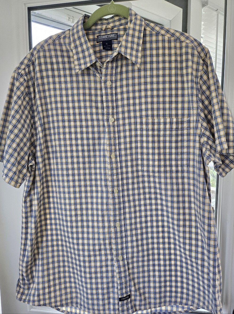 VTG Structure brand mens short-sleeve plaid button-up shirt XL Blue Yellow White